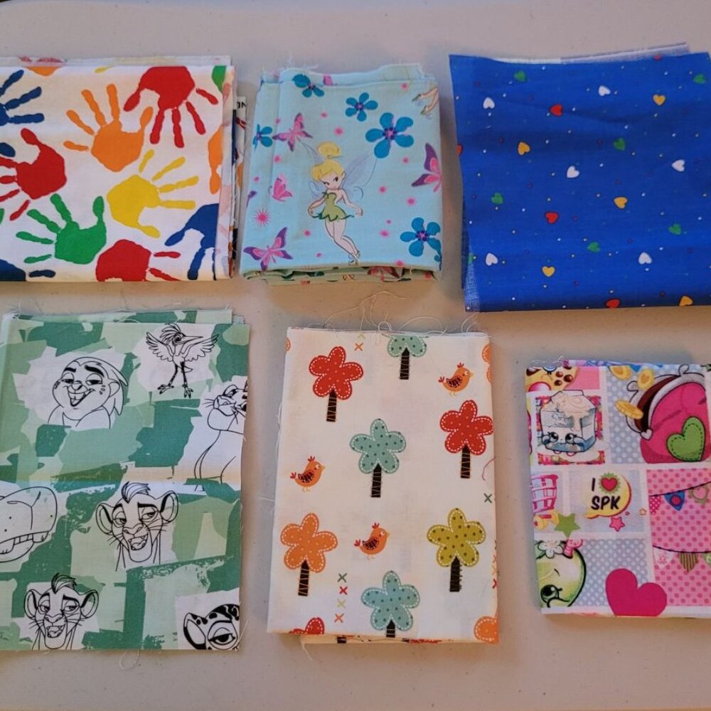 Lot of 6 Colorful I-Spy Kids (girls) Scrap Fabrics - Quilting, Crafts, More